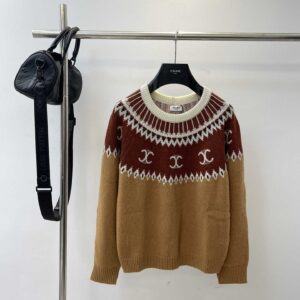Celine Crew Neck Sweater In Triomphe Fair Isle Wool Camel