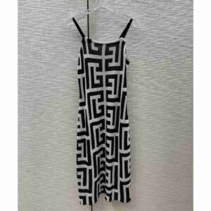 Balmain Long Monogrammed Jersey Dress With Thin Straps